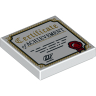 Lego Tile 2 x 2 with 'Certificate of Achievement', Red Ribbon, Gold Border Print / White