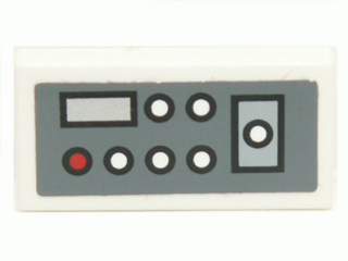 Lego Tile 1 x 2 with Control Panel with Red and White Buttons on Dark Bluish Gray Background Pattern Model Right Side (Sticker) - Set 7661 / White