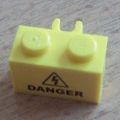 Lego Brick, Modified 1 x 2 with Open O Clip Vertical with Electricity Danger Sign Pattern (Sticker) - Set 8424