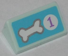 Lego Slope 30 1 x 2 x 2/3 with Dog Bone and Purple Number 1 in White Circle on Medium Azure Background Pattern (Sticker) - Set 41007 / Light Aqua