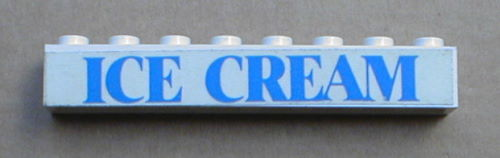 Lego Brick 1 x 8 with Blue 'ICE CREAM' Text Pattern (Sticker) - Set 1592 / White