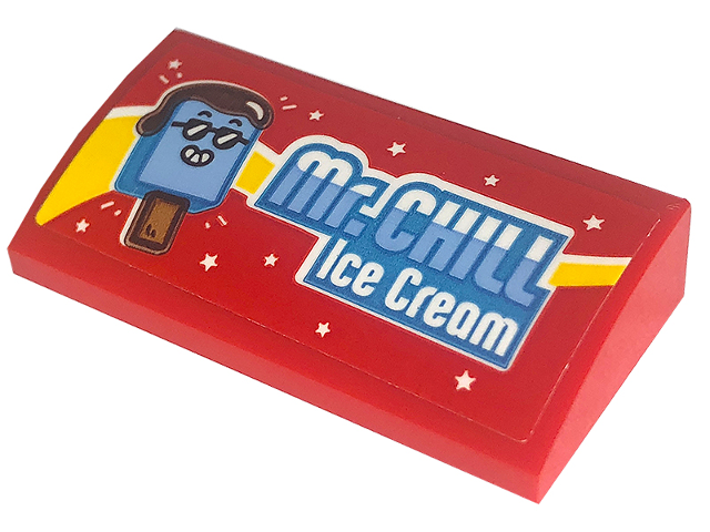 Lego Slope, Curved 2 x 4 x 2/3 with Bottom Tubes with 'Mr.CHILL Ice Cream' Pattern (Sticker) - Set 60253 / Red