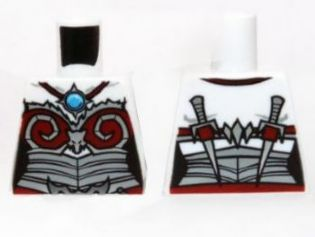 Lego Torso Chima Female Outline with Silver and Dark Red Armor and Blue Round Jewel (Chi) Pattern / White