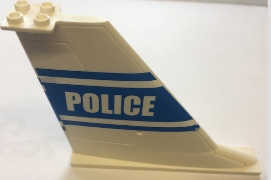 Lego Tail 14 x 2 x 8 with White 'POLICE' and Stripes on Blue Background Pattern on Both Sides (Stickers) - Set 7723 / White