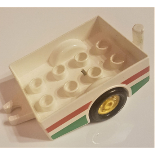 Lego Duplo Trailer with Hitch Ends and Yellow Wheels, Green and Red Stripe Print / White
