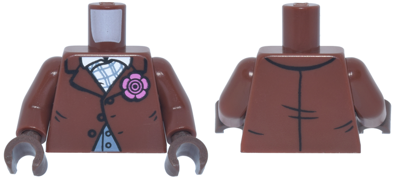 Lego Torso Suit Jacket with Buttons and Dark Pink Flower over Sand Blue Vest, White Shirt Collar and Plaid Ascot Pattern / Reddish Brown Arms / Umber Hands