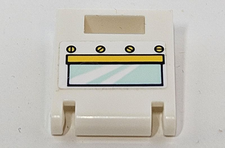 Lego Container, Box 2 x 2 x 2 Door with Slot with Oven Window with Light Aqua Glass, Yellow Handle and Knobs Pattern (Sticker) - Set 41393