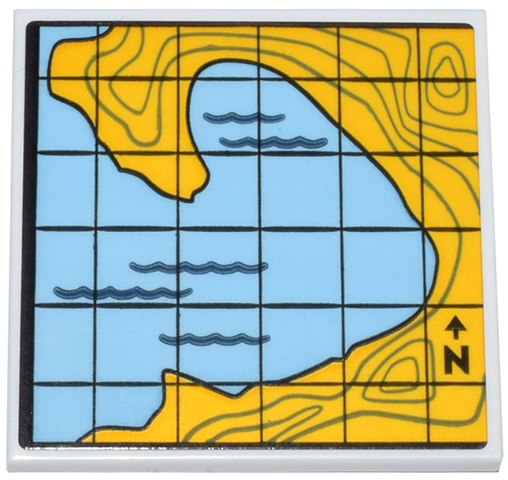 Lego Tile 4 x 4 with Topographic Map with Bright Light Blue Gulf and Bright Light Orange Coastline, Black Compass Direction Letter N Pattern (Sticker) - Set 910040