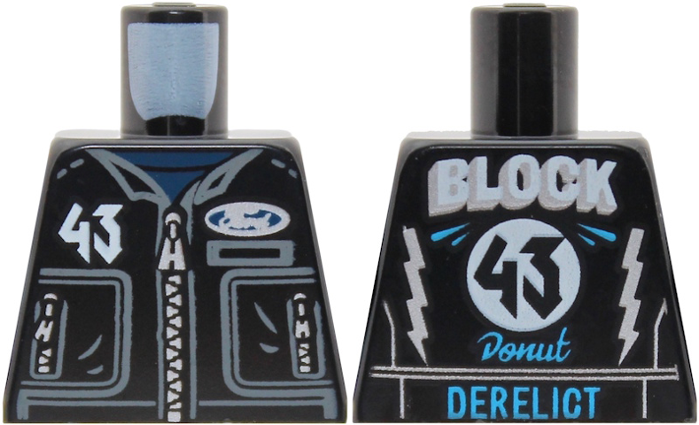 Lego Torso Racing Jacket with Dark Blue Undershirt, Dark Bluish Gray Collar and Pockets, White '43', Silver Zippers and Ford Logo, 'BLOCK', Dark Azure 'Donut' and 'DERELICT' on Back Pattern