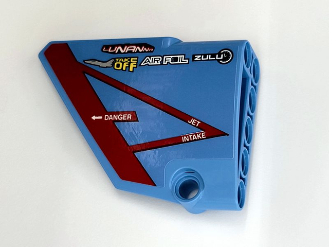 Lego Technic, Panel Fairing #13 Large Short Smooth, Side A with Dark Red Triangle and White 'DANGER' 'JET INTAKE' with Logos Pattern (Sticker) - Set 42066