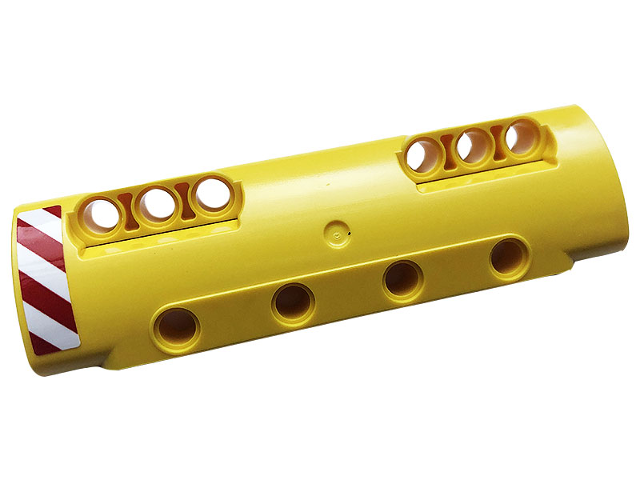 Lego Technic, Panel Curved 11 x 3 with 10 Pin Holes through Panel Surface with Red and White Danger Stripes Pattern Model Left Side (Sticker) - Set 42108 / Yellow