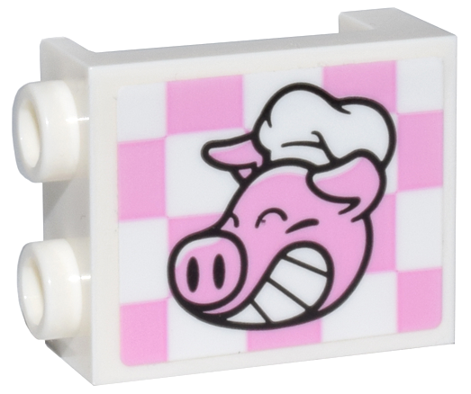 Lego Panel 1 x 2 x 2 with Side Supports - Hollow Studs with Pigsy Head on Bright Pink and White Checkered Pattern Side A (Sticker) - Set 80036