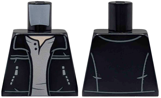 Lego Torso Jacket Open with 2 Zipper Pockets, Dark Bluish Gray Stripes and Hem Lines over Light Bluish Gray Shirt, Light Nougat Neck Pattern