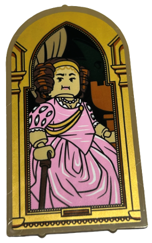 Lego Glass for Door Frame 1 x 6 x 7 Arched with Notches and Rounded Pillars with Female Minifigure in Bright Pink Dress with Wand (HP The Fat Lady) in Gold Archway Pattern (Sticker) - Set 40577