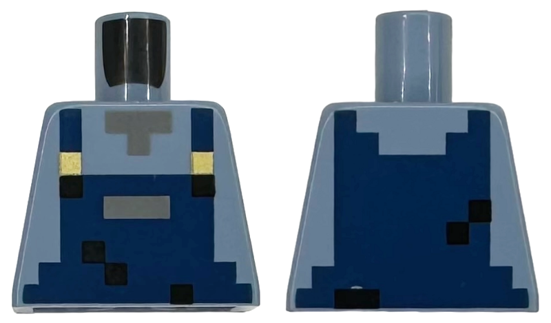 Lego Torso Pixelated Dark Blue Overalls with Pocket, Black Spots and Gold Buckles over Shirt, Dark Bluish Gray Neck Pattern / Sand Blue