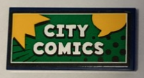 Lego Tile 2 x 4 with White 'CITY COMICS' Pattern (Sticker) - Set 60380 / Dark Blue