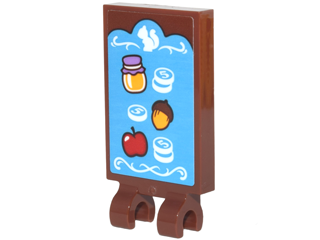 Lego Tile, Modified 2 x 3 with 2 Clips with Store Sign with Jar, Acorn, Apple, '5' Coins, White Scrollwork and Squirrel Pattern (Sticker) - Set 41182 / Reddish Brown