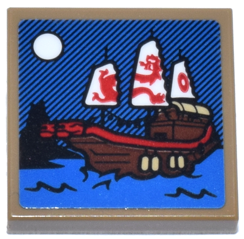 Lego Tile 2 x 2 with Reddish Brown Ninjago Destiny's Bounty Sailing Ship with Red Dragon Sails, Blue Water, and White Moon Pattern (Sticker) - Set 70657