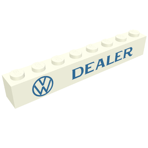 Lego Brick 1 x 8 with 'VW DEALER' Large Logo, Blue Print / White