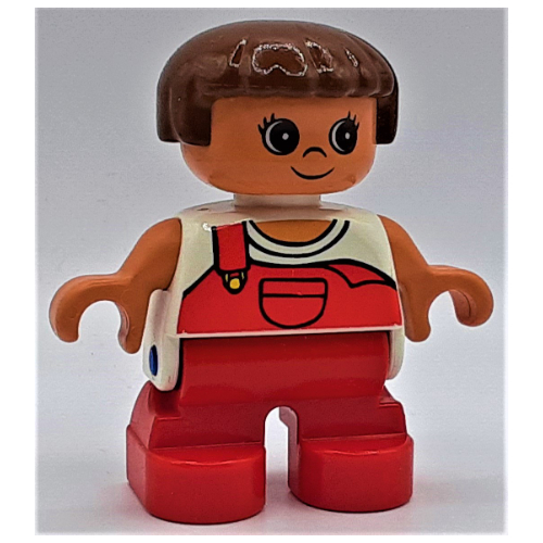 Lego Duplo Figure, Early Child, with Straight Hair Brown, Red Legs, Red Overalls with 1 Strap Print / White