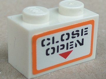 Lego Brick 1 x 2 with 'CLOSE OPEN' Pattern (Sticker) - Set 7738 / White