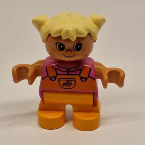 Lego Duplo Figure, Early Child, with Pigtails Light Yellow, Orange Legs, Orange Overalls Print / Medium Dark Pink