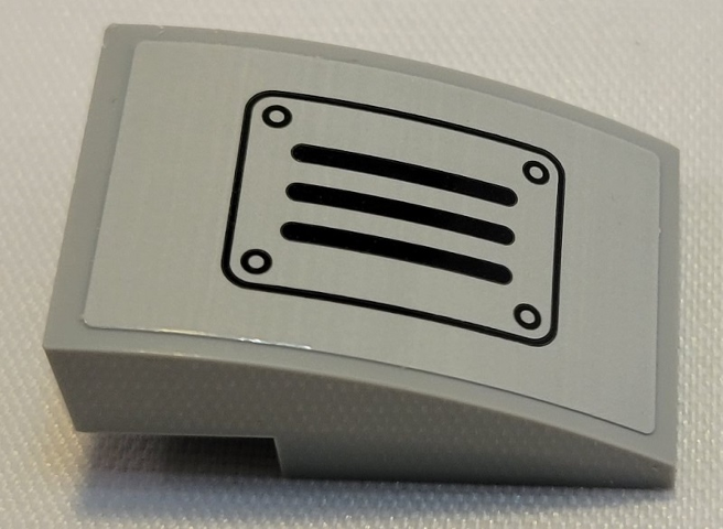 Lego Slope, Curved 3 x 2 with Black Grille Plate with Rivets Pattern (Sticker) - Set 21331 / Light Bluish Gray