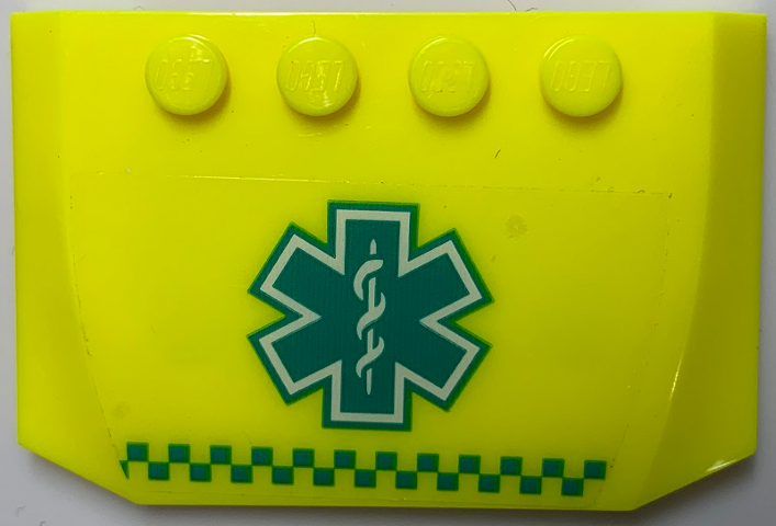 Lego Wedge 4 x 6 x 2/3 Triple Curved with Dark Turquoise EMT Star of Life and Checkered Stripe Pattern (Sticker) - Set 60330 / Vibrant Yellow