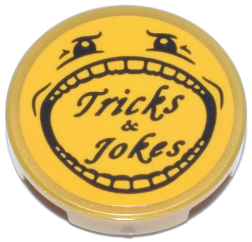 Lego Tile, Round 2 x 2 with Bottom Stud Holder with Black Eyes, Wide Open Mouth with Teeth and 'Tricks & Jokes' Pattern (Sticker) - Set 76457