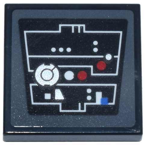 Lego Tile 2 x 2 with Control Panel, White Angled Lines, Silver and Red Circle Lights and Buttons, 1 Blue Square Pattern (Sticker) - Set 75419 / Black