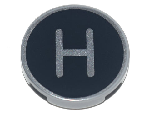 Lego Tile, Round 2 x 2 with Bottom Stud Holder with Silver Capital Letter H on Black Background Pattern / Light Bluish Gray