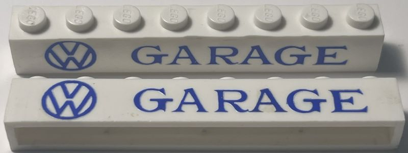 Lego Brick 1 x 8 without Bottom Tubes with Cross Side Supports with Blue Volkswagen Logo 'VW GARAGE' Serif Small Pattern / White