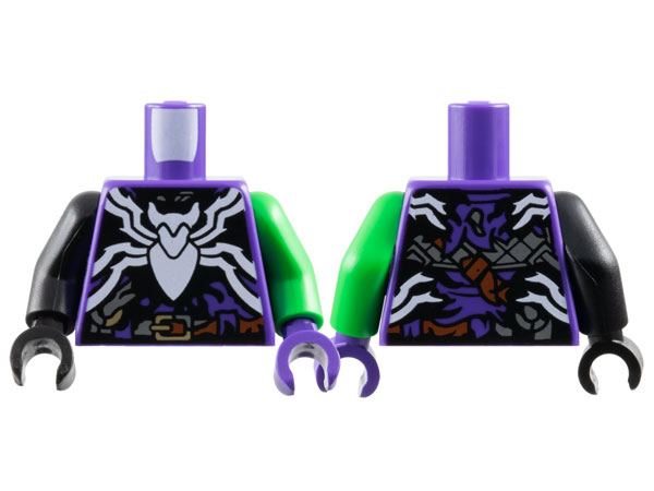 Lego Torso Black Smudge with Large White Spider and Reddish Brown Belt Pattern / Bright Green Arm Left / Black Arm Right / Dark Purple Hand Left / Black Hand Right