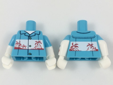 Lego Torso Shirt with White Panel, Red Palm Trees Pattern / White Arms with Medium Azure Short Sleeves and Playing Card Suit Symbols Pattern / White Hands