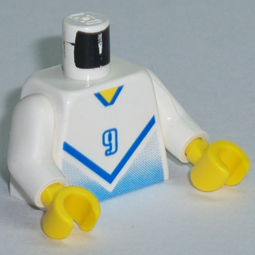 Lego Torso Soccer Shirt with Blue Chevron and '9' Front and Back Print, White Arms, Yellow Hands / White