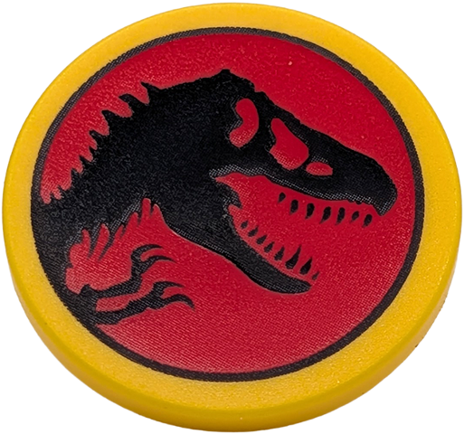 Lego Road Sign 2 x 2 Round with Clip with Black Dinosaur on Red Background (Jurassic Park Logo) Pattern / Yellow