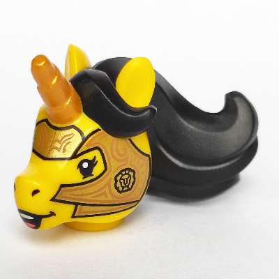 Lego Minifig Head Special, Unicorn with Gold Horn, Black Mane, Gold Knight's Helmet Print