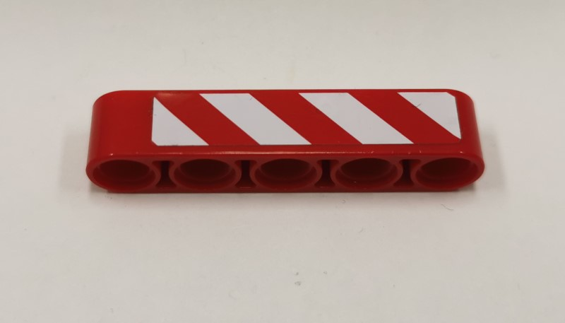 Lego Technic, Liftarm Thick 1 x 5 with Red and White Danger Stripes Pattern Model Left Side (Sticker) - Set 9395 / Red