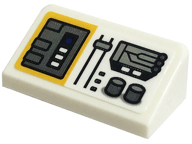 Lego Slope 30 1 x 2 x 2/3 with Yellow and White Control Panel Pattern (Sticker) - Set 75290 / White