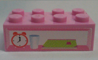 Lego Brick 2 x 4 with Alarm Clock, Glass and Book Pattern (Sticker) - Set 7586 / Bright Pink