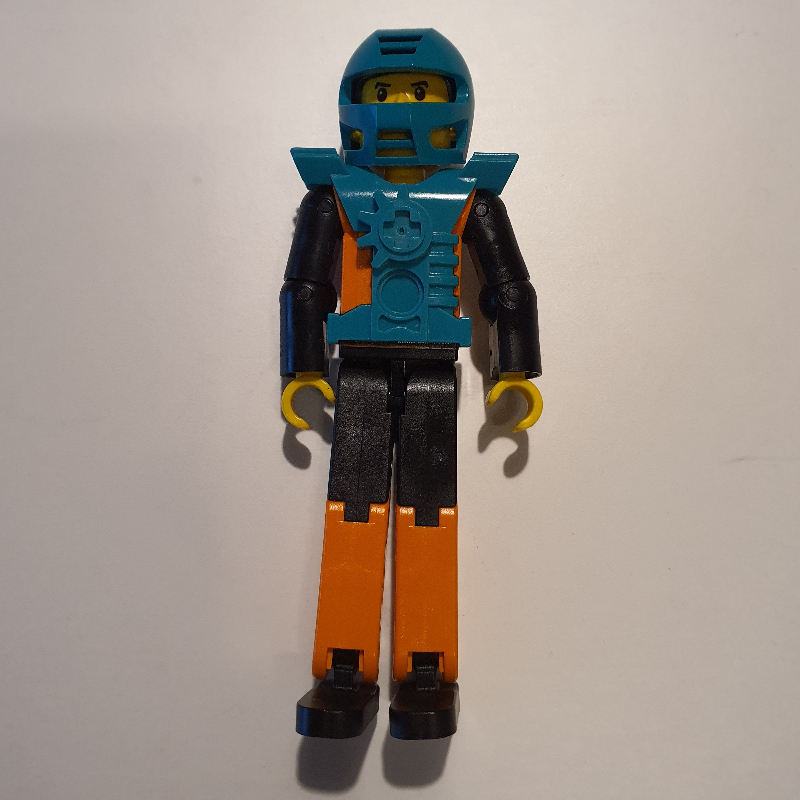 Lego Technic Figure Orange/Black Legs, Orange Torso with Silver Print, Black Arms, Black Hair - Dark Turquoise Helmet