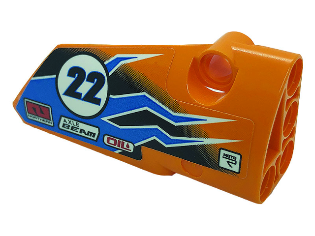 Lego Technic, Panel Fairing # 4 Small Smooth Long, Side B with Number '22', Dark Azure Lightning, Logos 'OIL', 'AXLE BEAM', 'MOTO' and 'NORTHERN' Pattern (Sticker) - Set 42104 / Orange