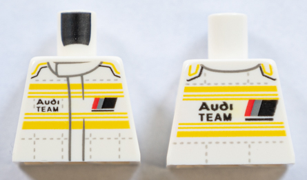 Lego Torso Racing Suit with Horizontal Yellow Stripes and 'Audi TEAM' on Front and Back Pattern / White