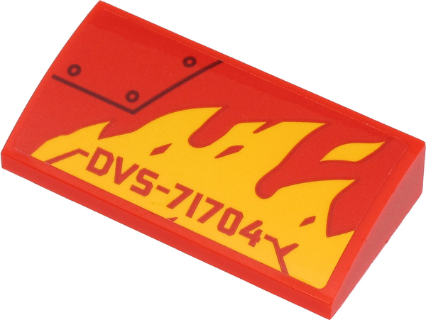 Lego Slope, Curved 2 x 4 x 2/3 with Bottom Tubes with 'DVS-71704', Yellow Flames and Black Line and Circles Pattern Model Left Side (Sticker) - Set 71704 / Red