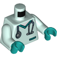 Lego Torso Medical Scrubs, Dark Turquoise Pocket and Collar, Stethoscope Print, Light Aqua Arms, Dark Turquoise Hands / Light Aqua
