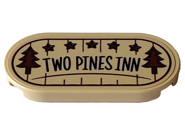Lego Tile, Round 2 x 4 Oval with Sign with Dark Brown Border, Stars, Trees and Lines and Black 'TWO PINES INN' Pattern (Sticker) - Set 10325