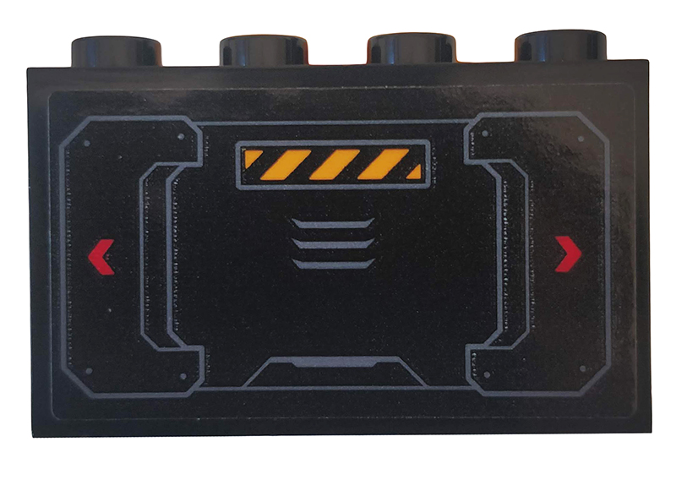 Lego Panel 1 x 4 x 2 with Side Supports - Hollow Studs with Red Arrows, Black and Yellow Danger Stripes and Hull Plates Pattern (Sticker) - Set 76162 / Black