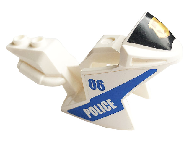 Lego Motorcycle Fairing, Racing (Sport) Bike with Black Windshield with Gold Badge with '06' and 'POLICE' Pattern on Both Sides (Stickers) - Set 60141 / White