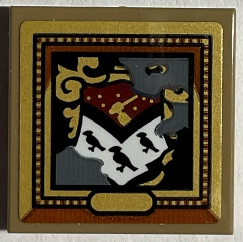 Lego Tile 2 x 2 with Picture of Gryffindor House Crest in Gold Frame Pattern (Sticker) - Set 76408 / Dark Tan