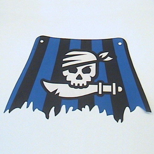 Lego Sail, Tattered, 27 x 18 with Black and Blue Stripes, Skull and Cutlass Print / White